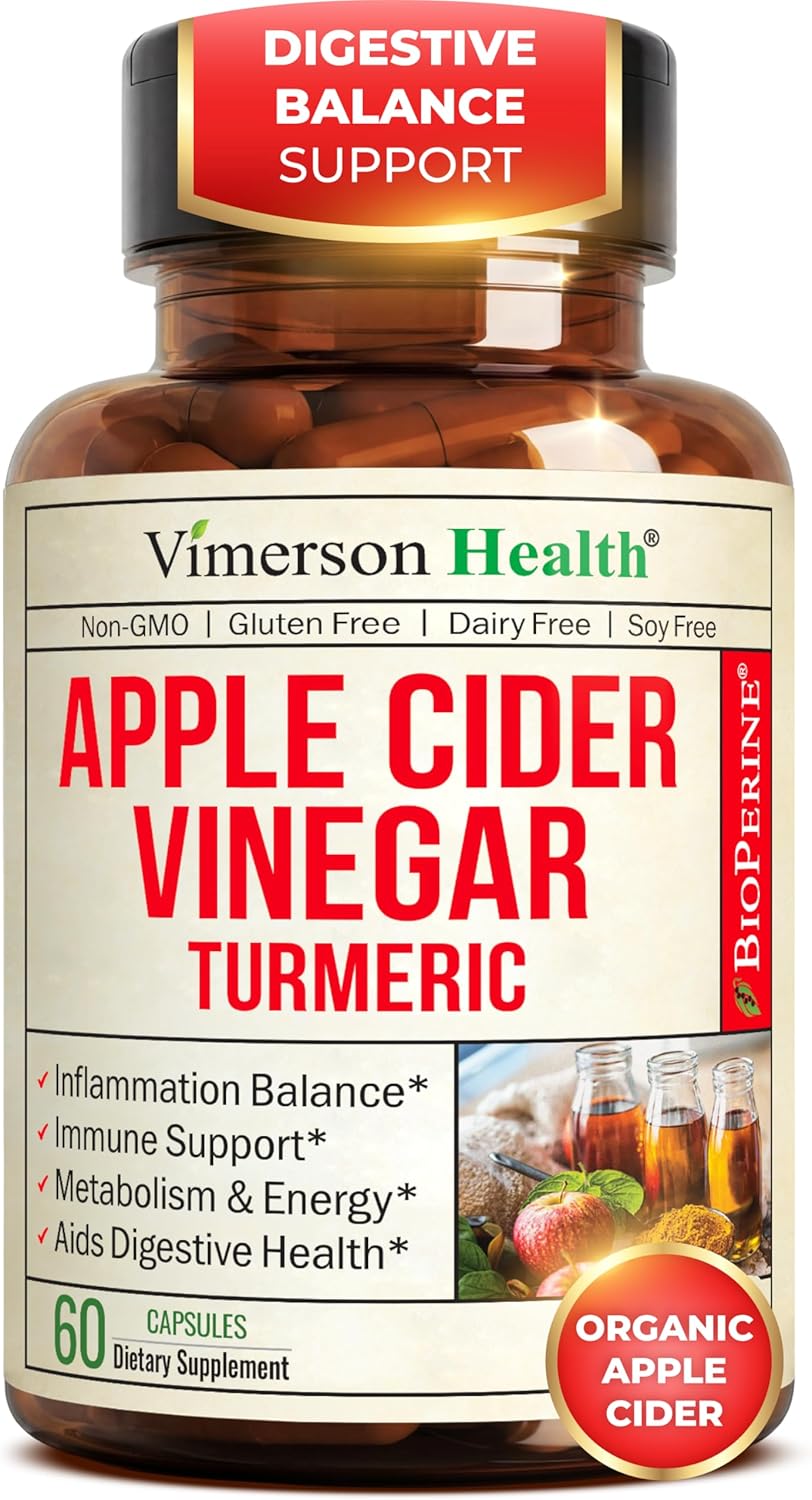 Organic Apple Cider Vinegar with Turmeric Curcumin Supplement & Ginger for Digestive Health, Metabolism, Energy & Joint Support – Organic Turmeric & Apple Cider Vinegar Capsules – 60 Vegan Non-GMO