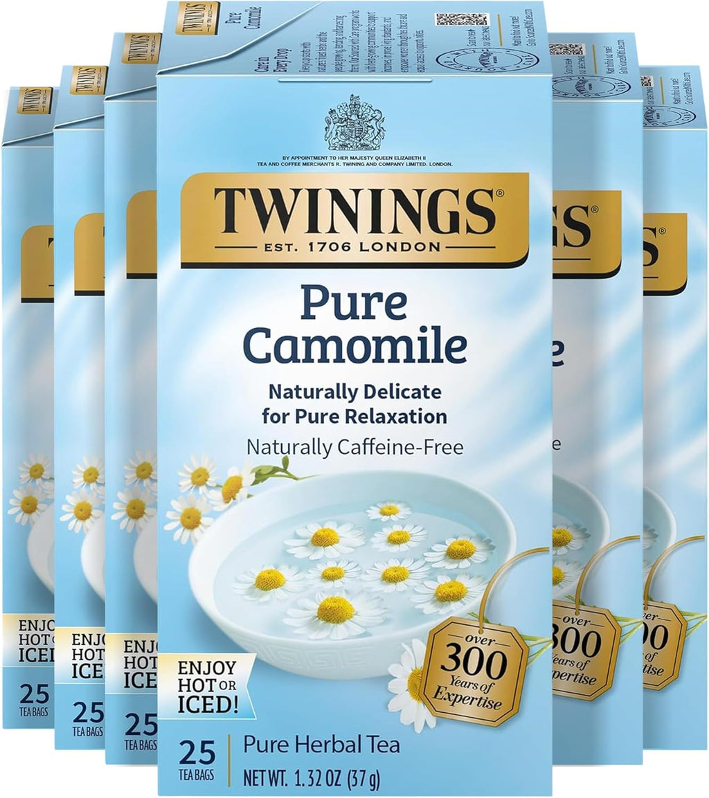 Twinings Pure Camomile Herbal Tea Individually Wrapped Bags, 25 Count (Pack of 6), Calming & Delicate, Naturally Caffeine-Free, Enjoy Hot or Iced, 150 Teabags