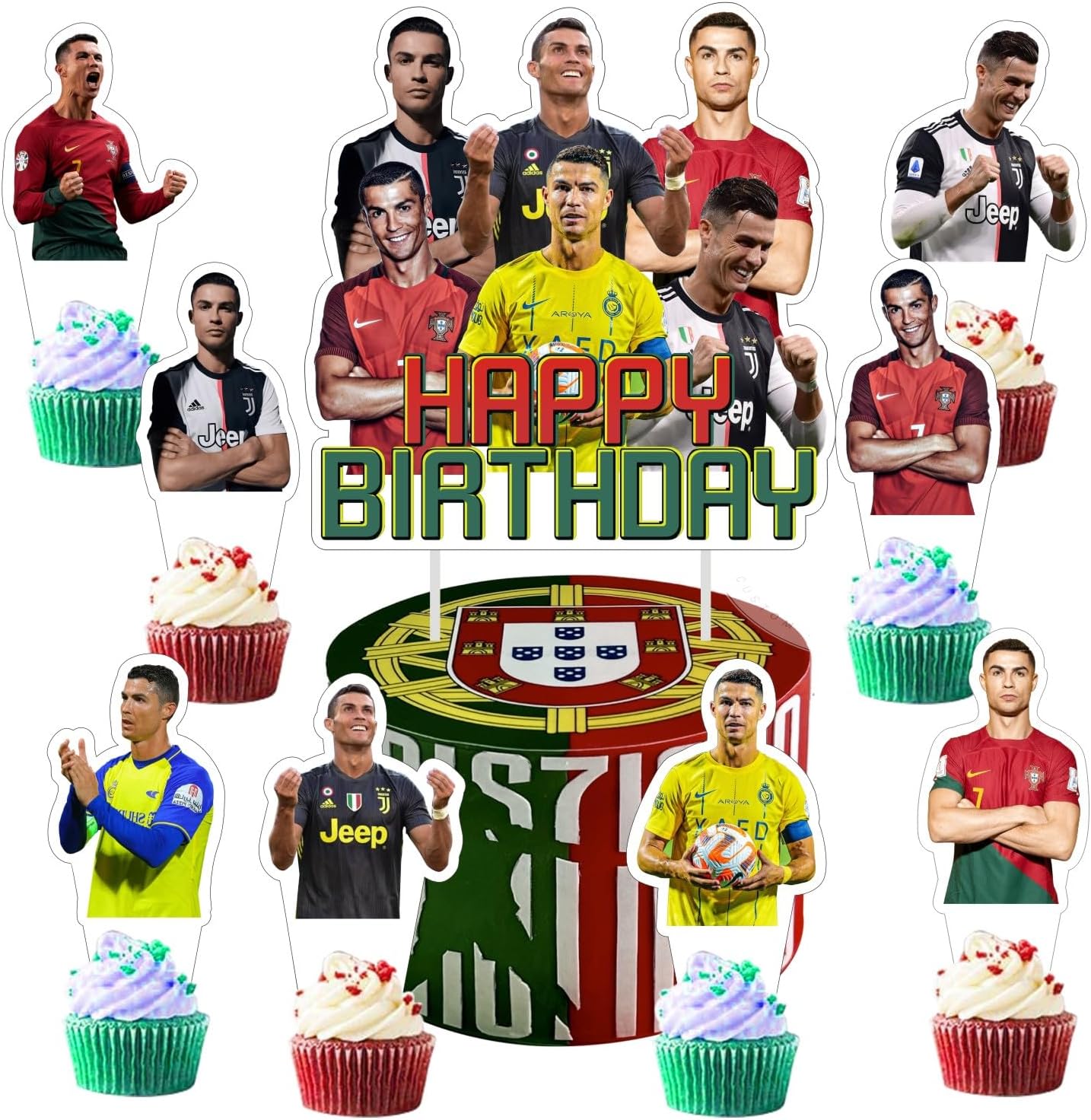 25pcs Soccer Cake Decorations with 1pcs Cake Topper, 24pcs Cupcake Toppers for Soccer Birthday Party Supplies.