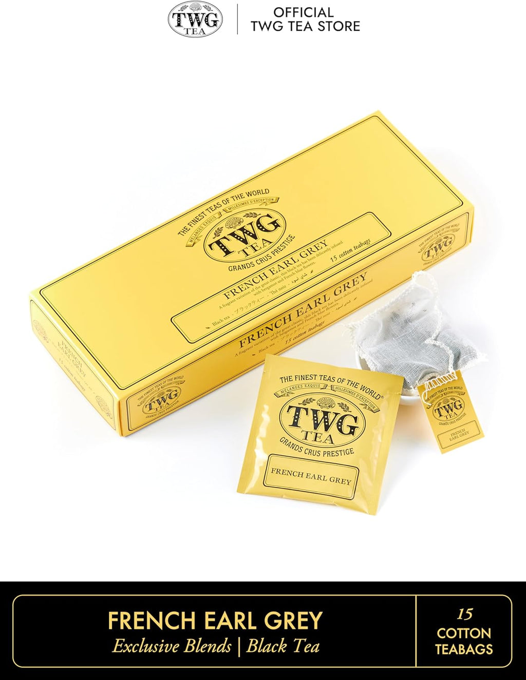 TWG Tea | French Earl Grey | Black Tea | Citrus Fruits & Blue Cornflowers | 15 Hand Sewn Cotton Tea Bags | Gift Set
