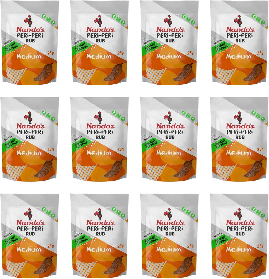 Nando's PERi-PERi Medium Dry Rub - BBQ Seasoning Instant Flavor with a Blend of Garlic, Herbs and Spices with PERi-Peri 25g Bags (12PK)