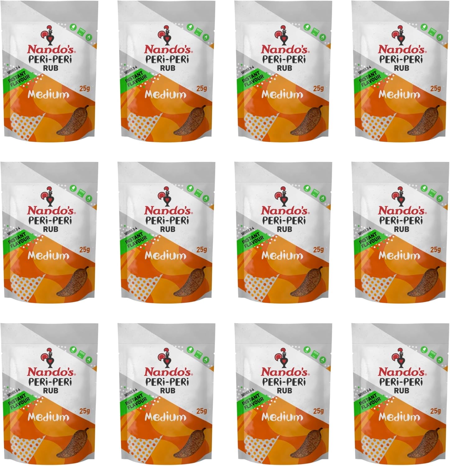 Nando's PERi-PERi Medium Dry Rub - BBQ Seasoning Instant Flavor with a Blend of Garlic, Herbs and Spices with PERi-Peri 25g Bags (12PK)