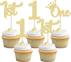 24Pcs 1st Birthday Cupcake Toppers Glitter First Birthday One Cupcake Picks for Baby Shower 1st Birthday Party Cake Decorations Supplies Gold