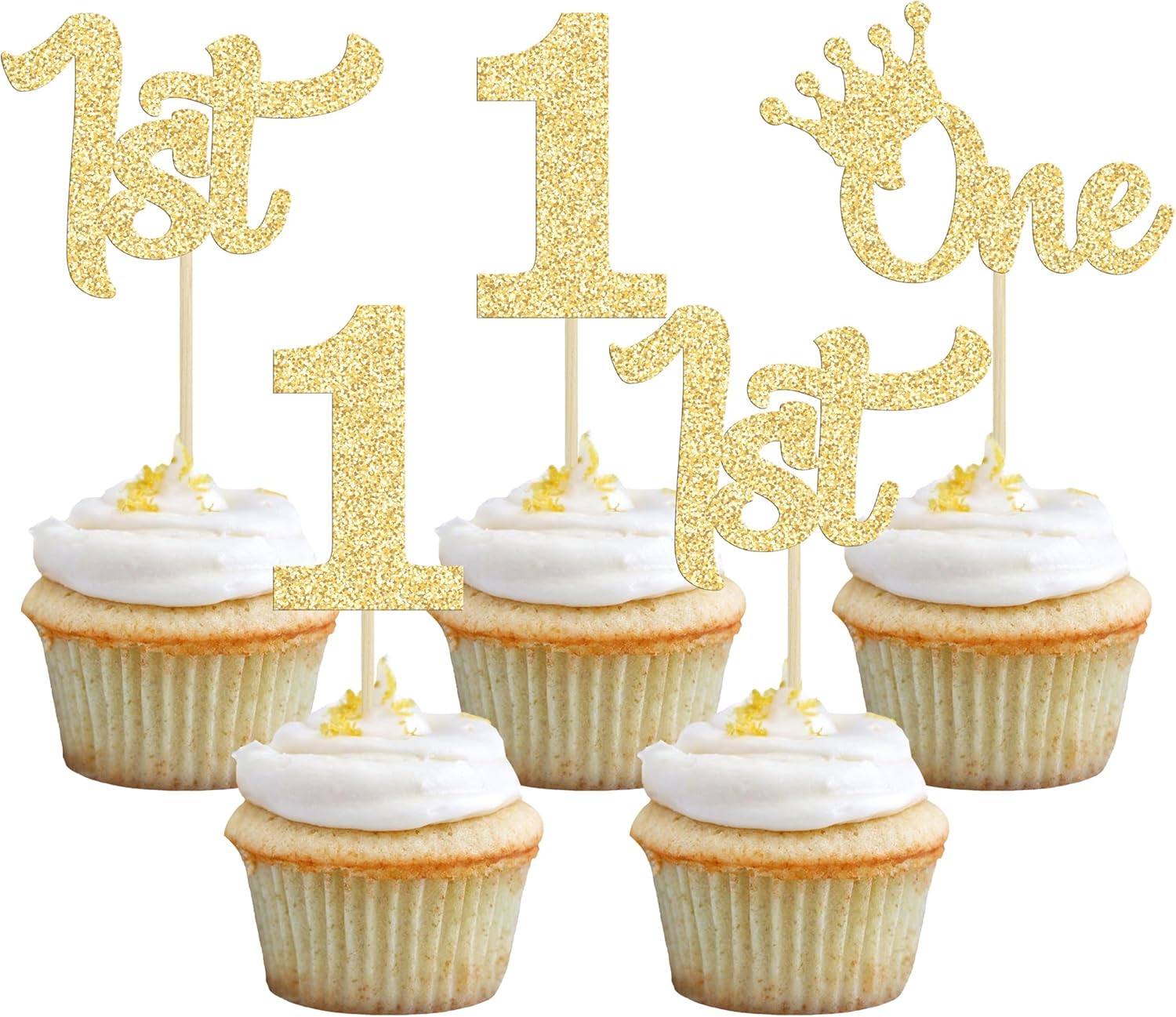 24Pcs 1st Birthday Cupcake Toppers Glitter First Birthday One Cupcake Picks for Baby Shower 1st Birthday Party Cake Decorations Supplies Gold