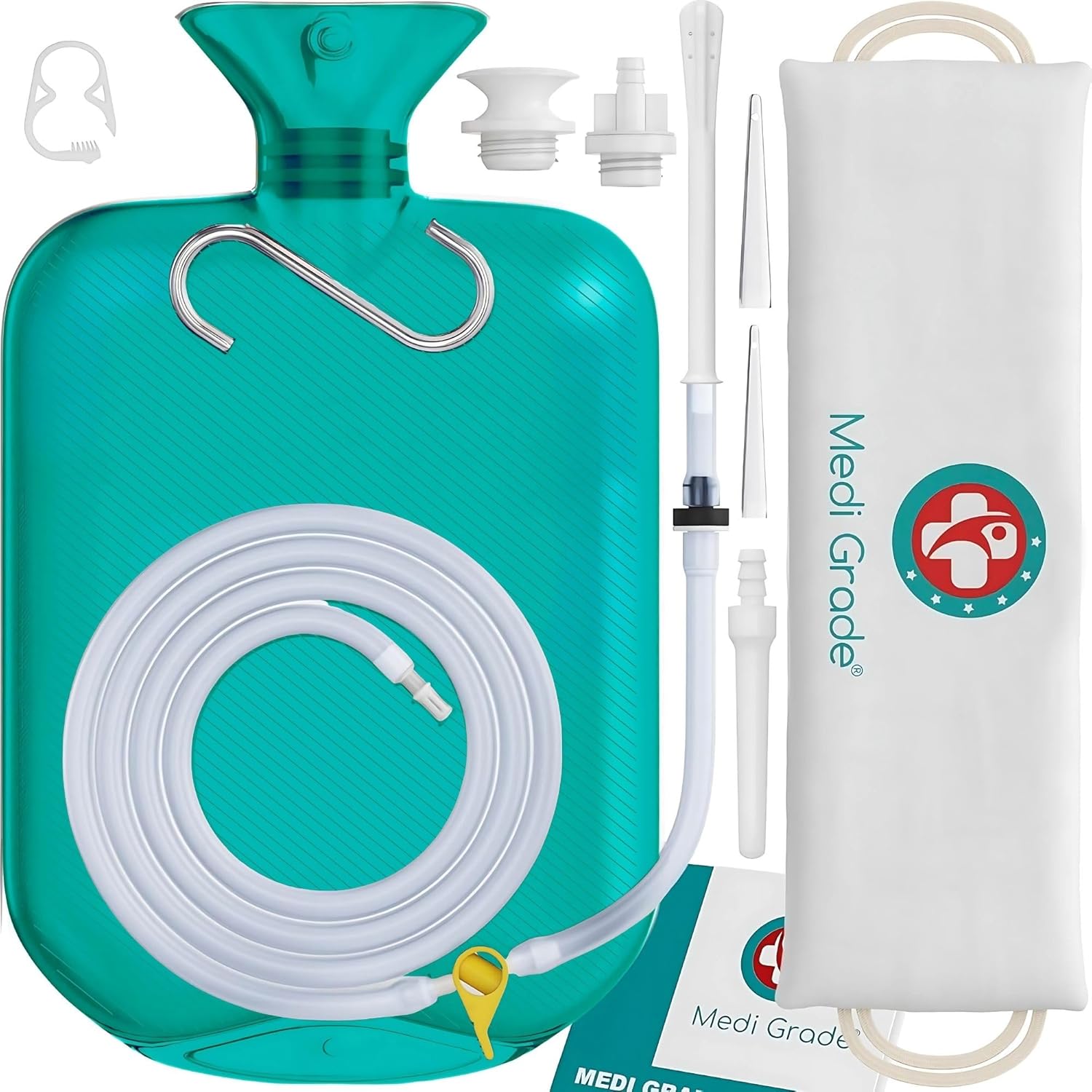 Medi Grade Enema Kit for Adults, 0.53 Gal Capacity - Transparent, Hands-Free with One-Way Valve, 4 Tips and Enema Bag - Enemas for Colon Cleanse for Women and Men - for Coffee Enema & Colon Cleansing
