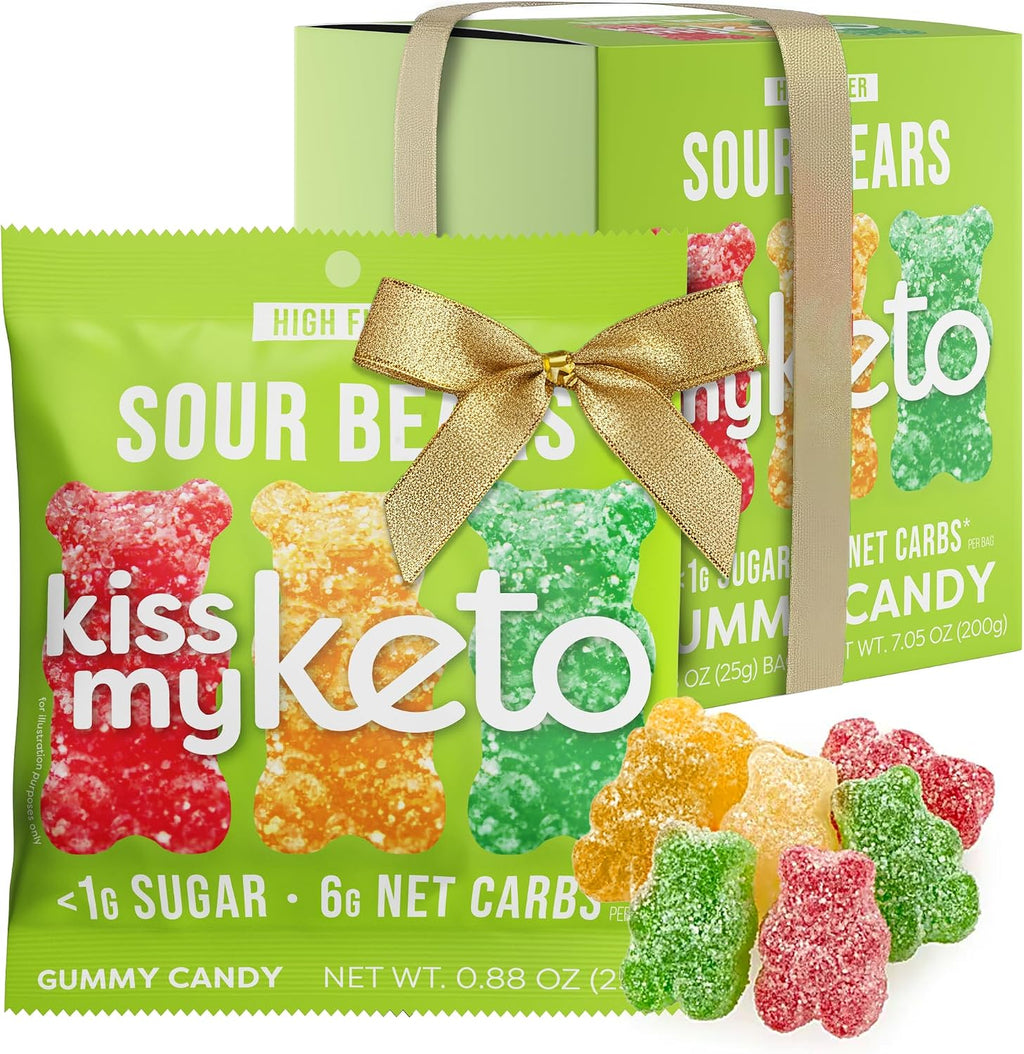 Kiss My Keto Sour Sugar Free Gummy Bears, 8-Pack – Satisfy Cravings while Staying in Ketosis – High Fiber, 6g Net Carbs, Non-GMO, Vegan, & No Gluten – Fruity Sugar Free Gummies