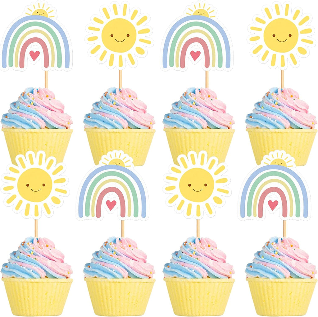 24pcs Rainbow Cake Topper Cupcake Pick Wedding Birthday Party Sun Clouds Party Decoration Supply for Kids Birthday Party