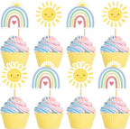 24pcs Rainbow Cake Topper Cupcake Pick Wedding Birthday Party Sun Clouds Party Decoration Supply for Kids Birthday Party