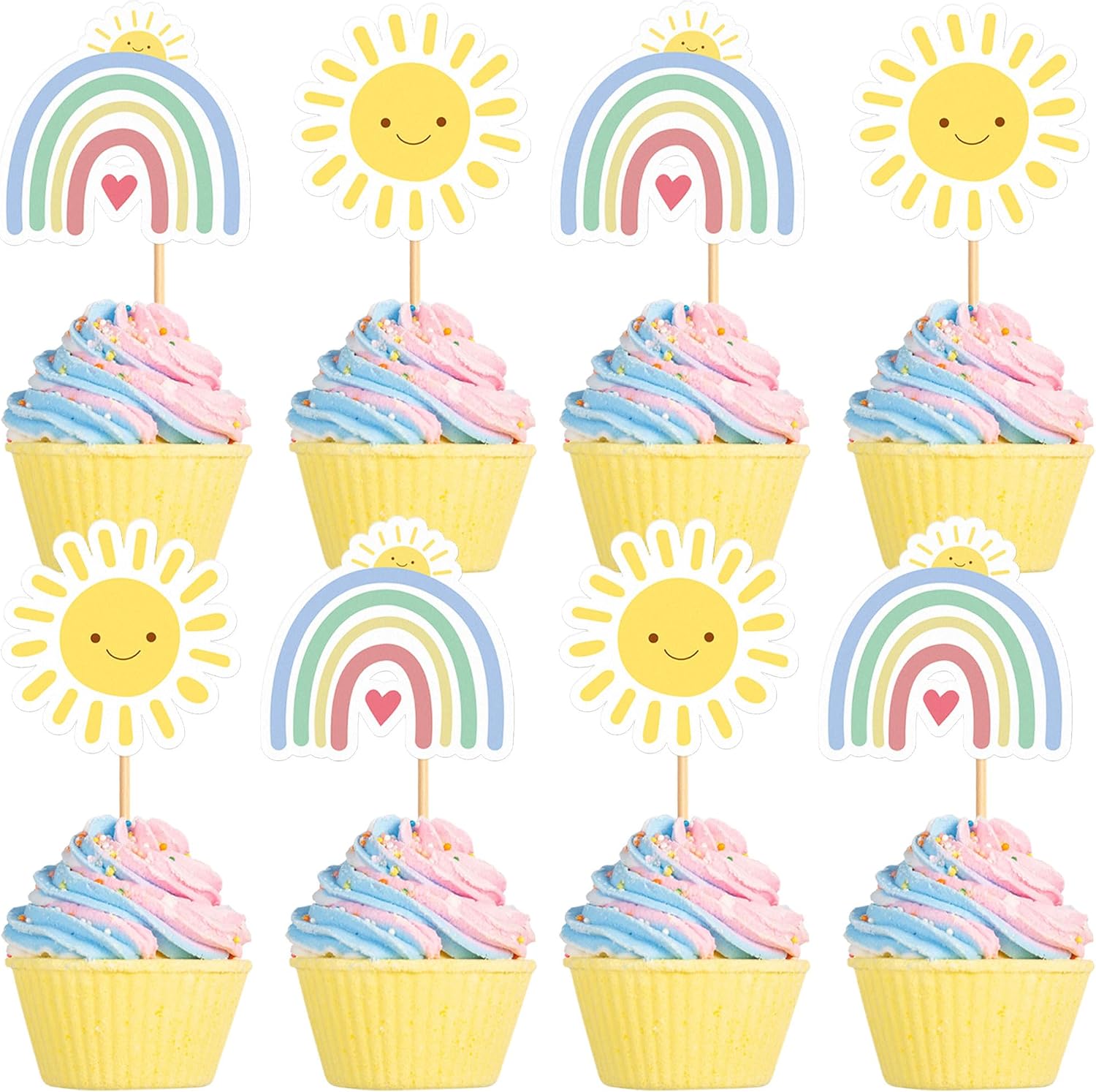 24pcs Rainbow Cake Topper Cupcake Pick Wedding Birthday Party Sun Clouds Party Decoration Supply for Kids Birthday Party