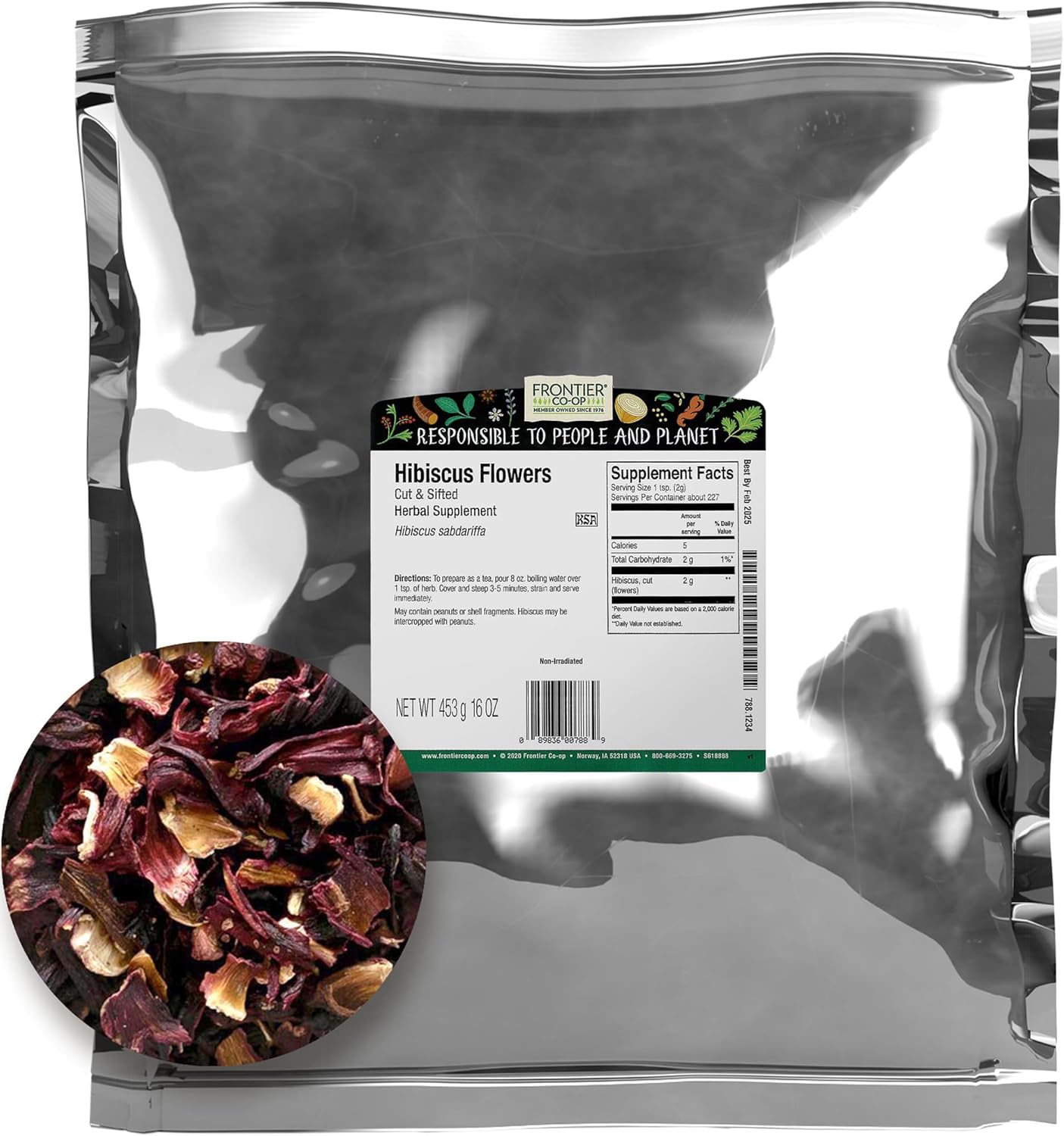 Frontier Co-op Hibiscus Flowers, Cut & Sifted, Kosher | 1 lb. Bulk Bag | Hibiscus sabdariffa L.