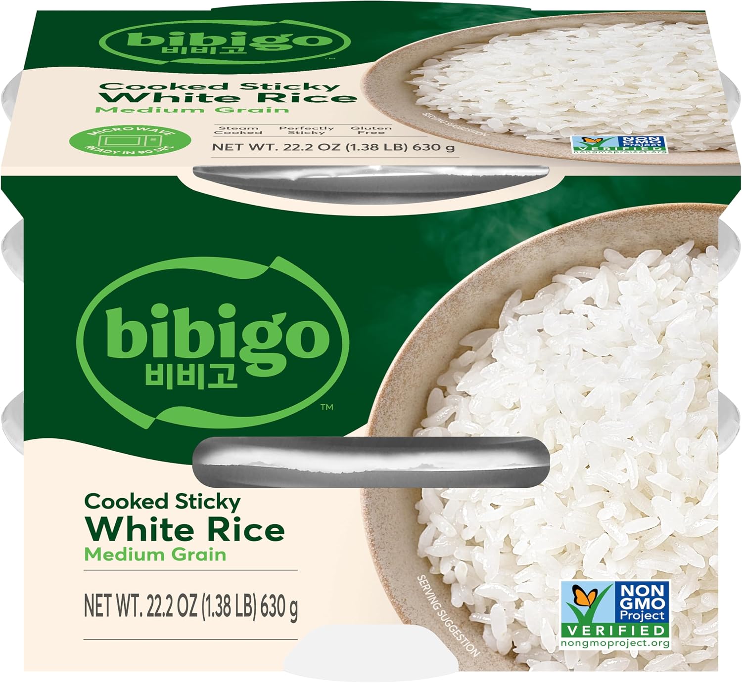 Bibigo Korean Sticky White Rice, Microwavable, Zero Trans Fat, 7.4 Ounce (Pack of 18)