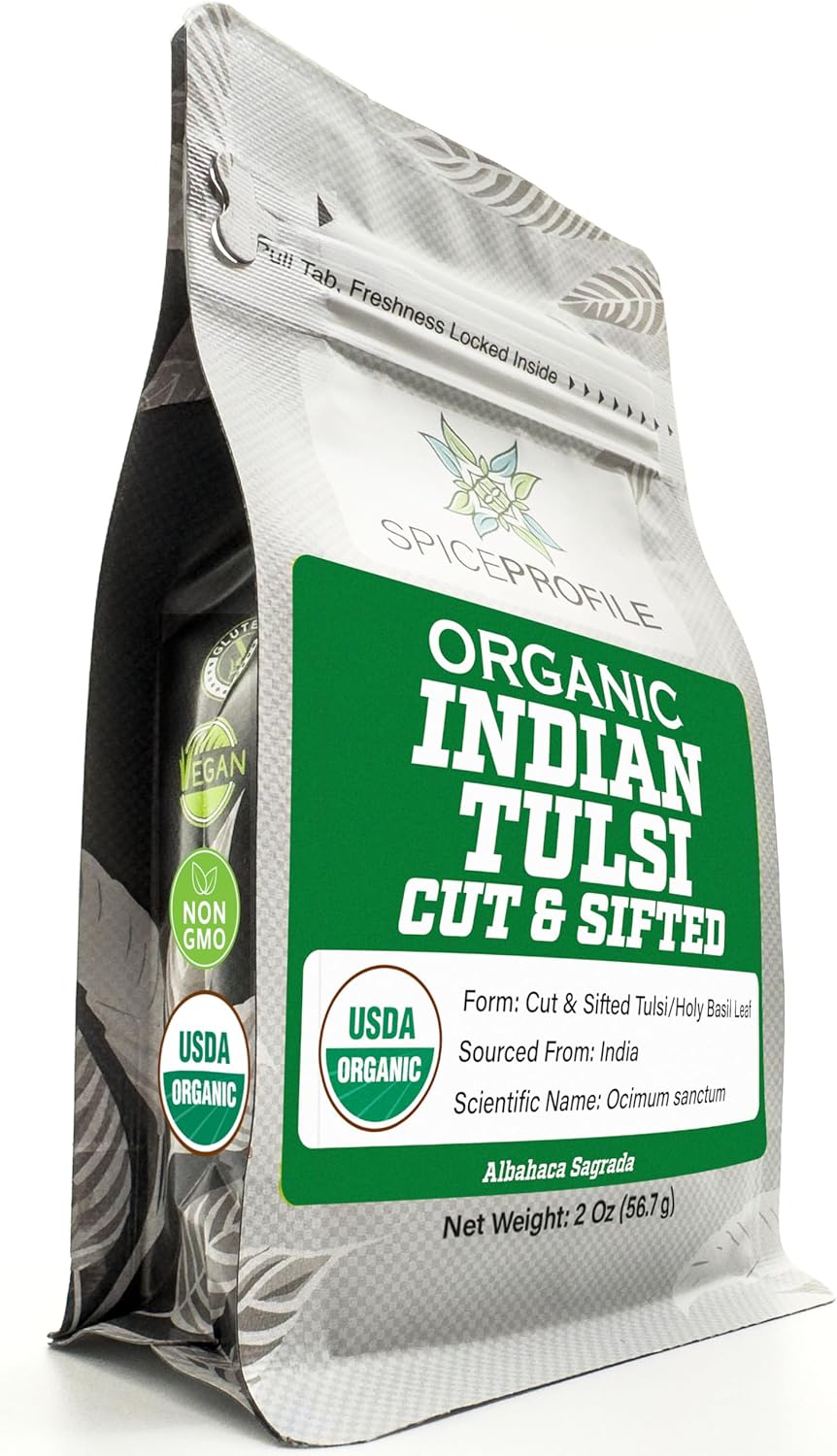 Spice Profile USDA Organic Indian Tulsi/Holy Basil Cut & Sifted, 2 oz, Lab Tested for Heavy Metals, Ocimum sanctum, Albahaca Sagrada