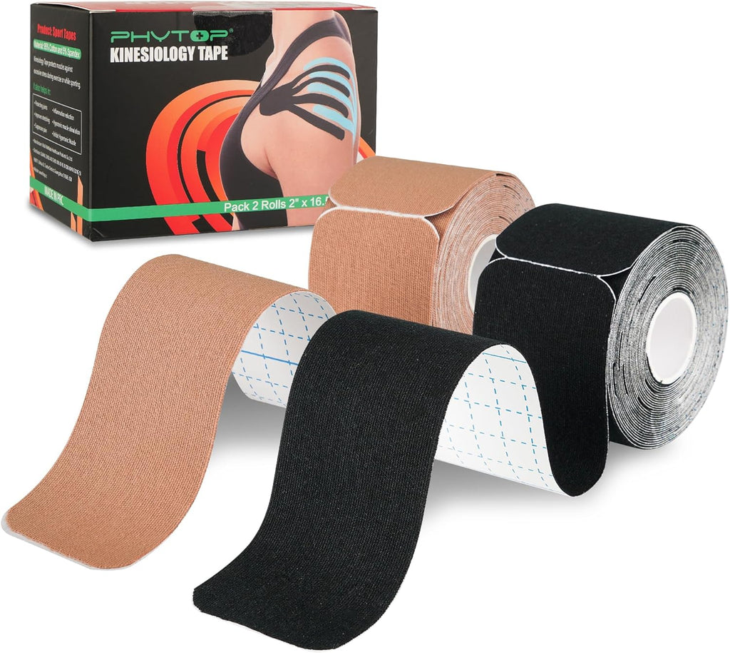 Kinesiology Tape Roll (40 Count, 10") | Latex-Free K Tape Precut Strips for Sports | Kinesiotape Ideal for Knee, Shoulder, and Elbow Support (Black+Beige, 5CM X 5M)
