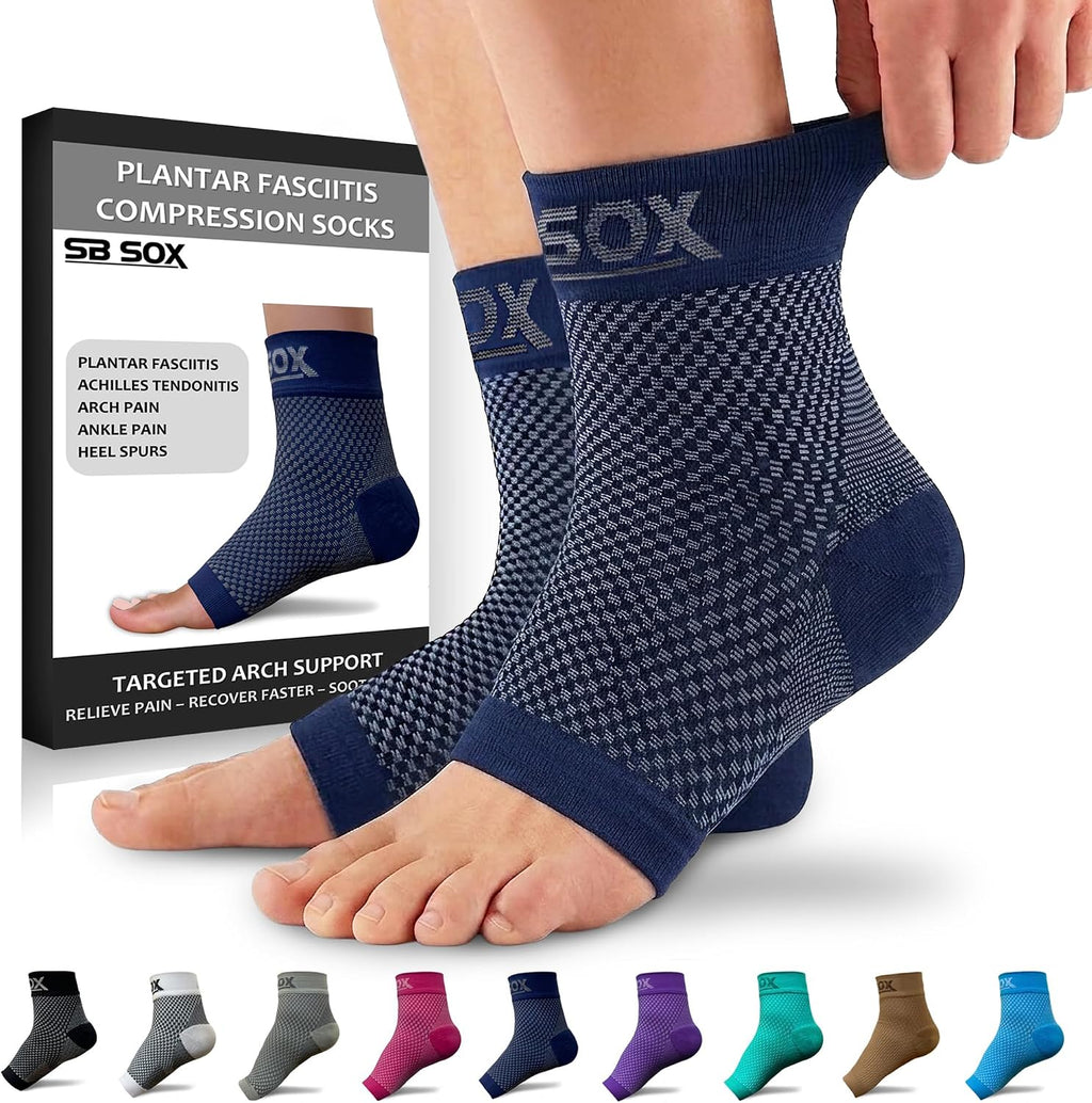 SB SOX Plantar Fasciitis Compression Socks – Arch Support Sleeve for Heel Pain Relief, Achilles Tendonitis & Foot Pain – Toeless Ankle Compression, All-Day Comfort (Navy, Medium)