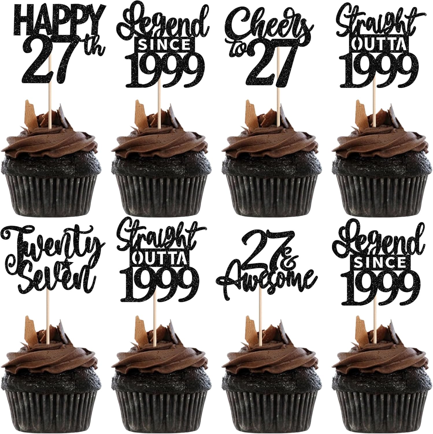 24PCS Black Happy 27th Birthday Cupcake Toppers Twenty Seven Straight Outta 1999 Cupcake Picks Cheers to 27 Lengend Since 1999 Cake Decorations for 27th Birthday Anniversary Party Decorations Supplies