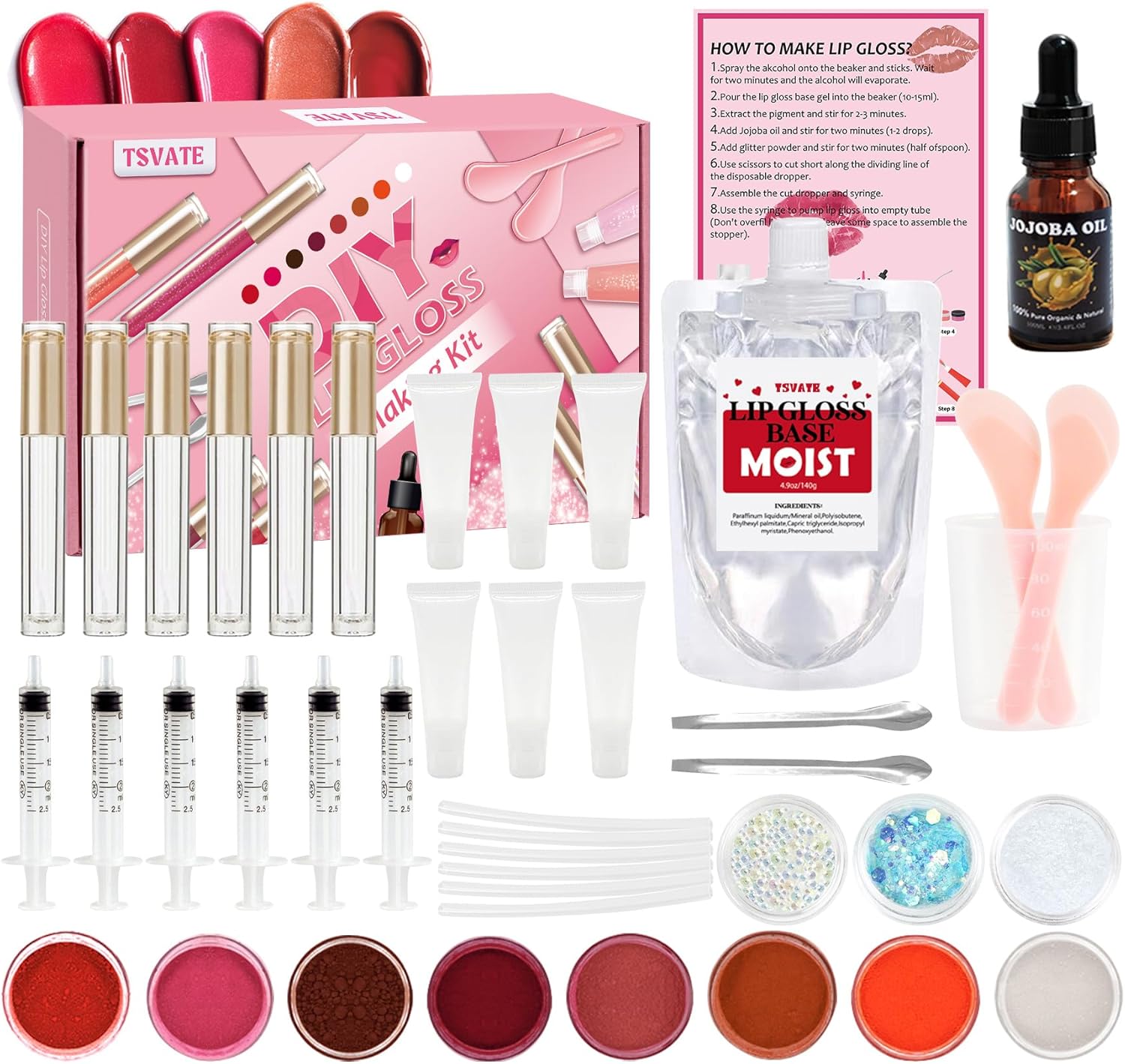 TSVATE Lip Gloss Making Kit, Lip Gloss Kit, Diy Lipgloss Set, Fun Make Your Own Lipgloss Kids Lip Gloss for Girls, Women, Moisturizing Lip Gloss Base, Jojoba Oil, Tubes, Gift for Her