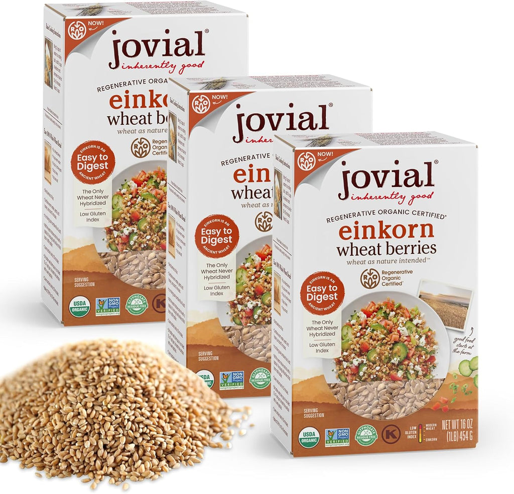 Jovial Einkorn 100% Organic Wheat Berries - Einkorn Berries, Organic Farro, High Protein, Non-GMO, USDA Certified, Lower Carb, Whole Grain, Product of Italy - 16 Oz, 3 Pack