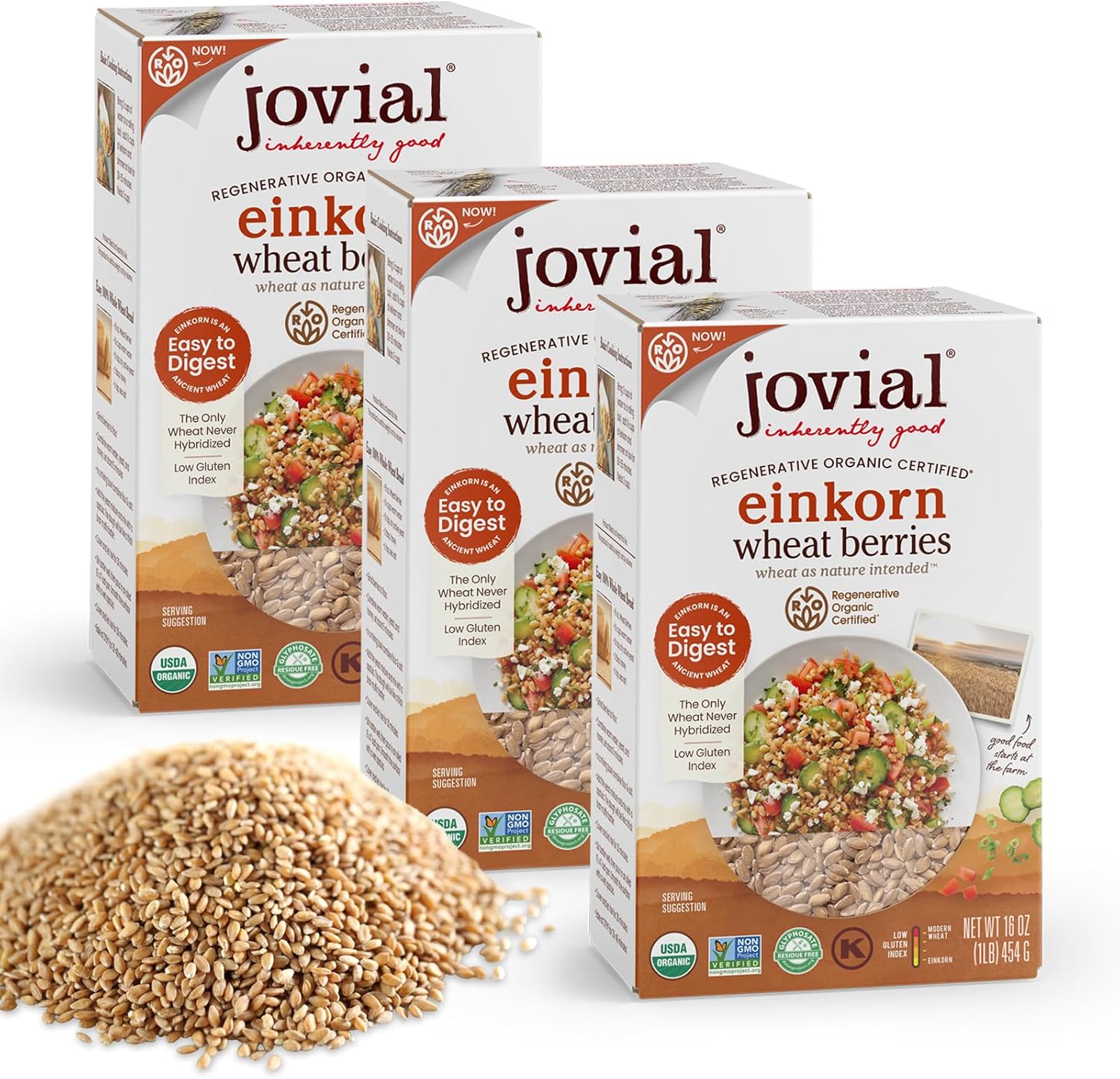 Jovial Einkorn 100% Organic Wheat Berries - Einkorn Berries, Organic Farro, High Protein, Non-GMO, USDA Certified, Lower Carb, Whole Grain, Product of Italy - 16 Oz, 3 Pack