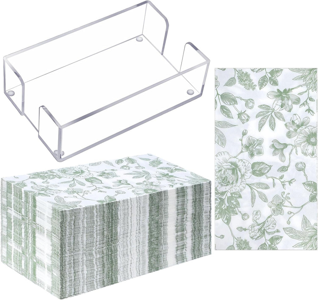 Faccito 100 Pcs Green Floral Guest Napkins with Acrylic Tissue Box, 3 Ply Green and White Paper Napkins, for Spring Summer Wedding Bridal Shower Birthday Party Supplies, 15.8 x 13 Inch