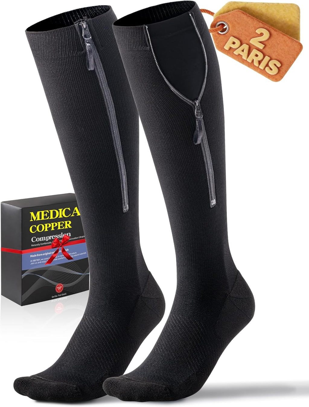 Medical Zipper Compression Socks 20-30 mmHg for Women & Men (2 Pairs) - Easy On Copper Compression Socks for Circulation, Swelling, Odor Control, Athletic, Travel, Flying