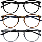 OPULIZE MET Blue Light Blocking Reading Glasses for Women Men, Slim Round Frame with Scratch Resistant and Spring Hinges, Computer Glasses with Anti-Reflective, Black,Brown,Grey +2.5 (Pack of 3)