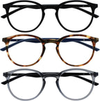 OPULIZE MET Blue Light Blocking Reading Glasses for Women Men, Slim Round Frame with Scratch Resistant and Spring Hinges, Computer Glasses with Anti-Reflective, Black,Brown,Grey +2 (Pack of 3)