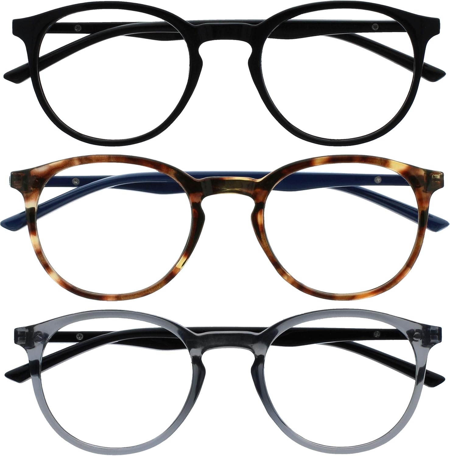 OPULIZE MET Blue Light Blocking Glasses for Women Men, Slim Round Frame with Spring Hinges and Scratch Resistant, Computer Glasses with Anti-Reflective, Black,Brown,Grey, (Pack of 3)