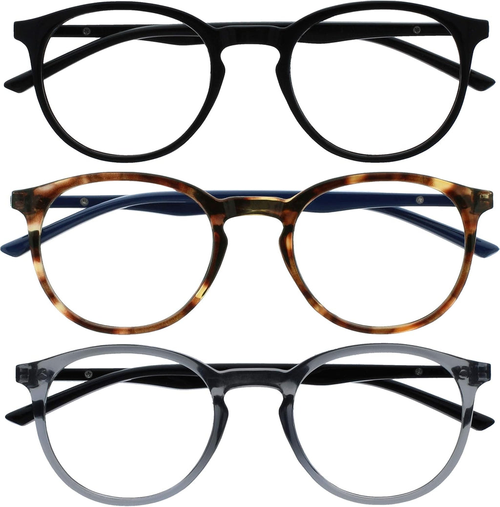 OPULIZE MET Blue Light Blocking Reading Glasses for Women Men, Slim Round Frame with Scratch Resistant and Spring Hinges, Computer Glasses with Anti-Reflective, Black,Brown,Grey +1.5 (Pack of 3)