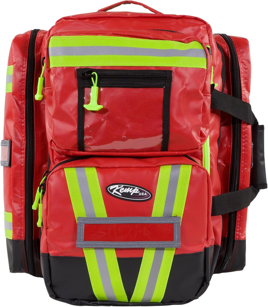 Kemp USA Heavy-Duty EMT Bag, Made with Fluid-Resistant Tarpaulin Material - Emergency Survival Kit with Room for D O2 Tank - Medical Backpack with Multiple Handles (Tarpaulin Fabric Red)
