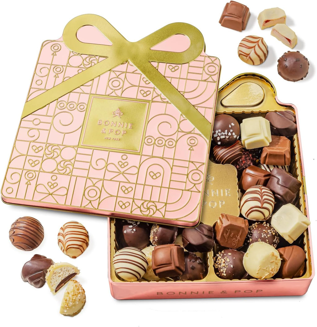 Chocolate Gift Basket, Candy Food Snack Gifts Bow Tin Box, Present for Her, Women, Easter, Wife, Girlfriend, Assorted Gourmet Belgian Truffles- Pink- Bonnie & Pop