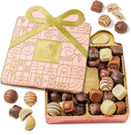 Chocolate Gift Basket, Candy Food Snack Gifts Bow Tin Box, Present for Her, Women, Easter, Wife, Girlfriend, Assorted Gourmet Belgian Truffles- Pink- Bonnie & Pop