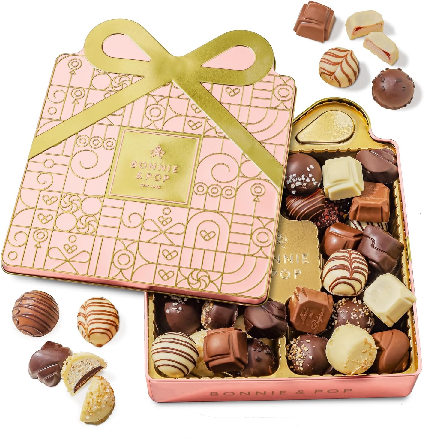 Chocolate Gift Basket, Candy Food Snack Gifts Bow Tin Box, Present for Her, Women, Easter, Wife, Girlfriend, Assorted Gourmet Belgian Truffles- Pink- Bonnie & Pop