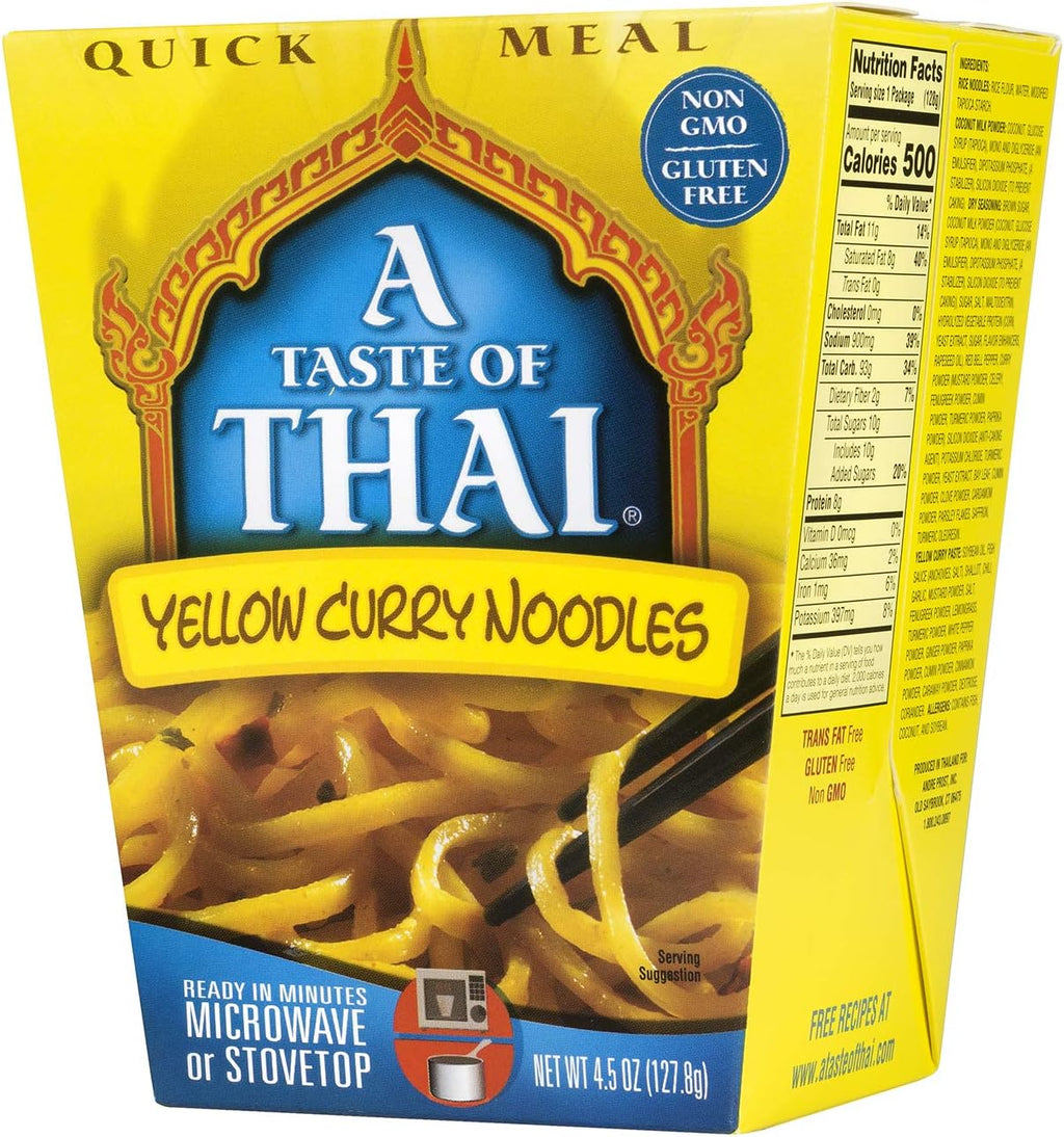A Taste of Thai Yellow Curry Noodles |Heat & Eat Instant Noodle | Flavored with Authentic Thai Sauce -Non-GMO,Gluten Free, Trans Fat Free- Perfect Side for Chicken, Fish & Meat Entrees| 6 Pack (4.5oz)