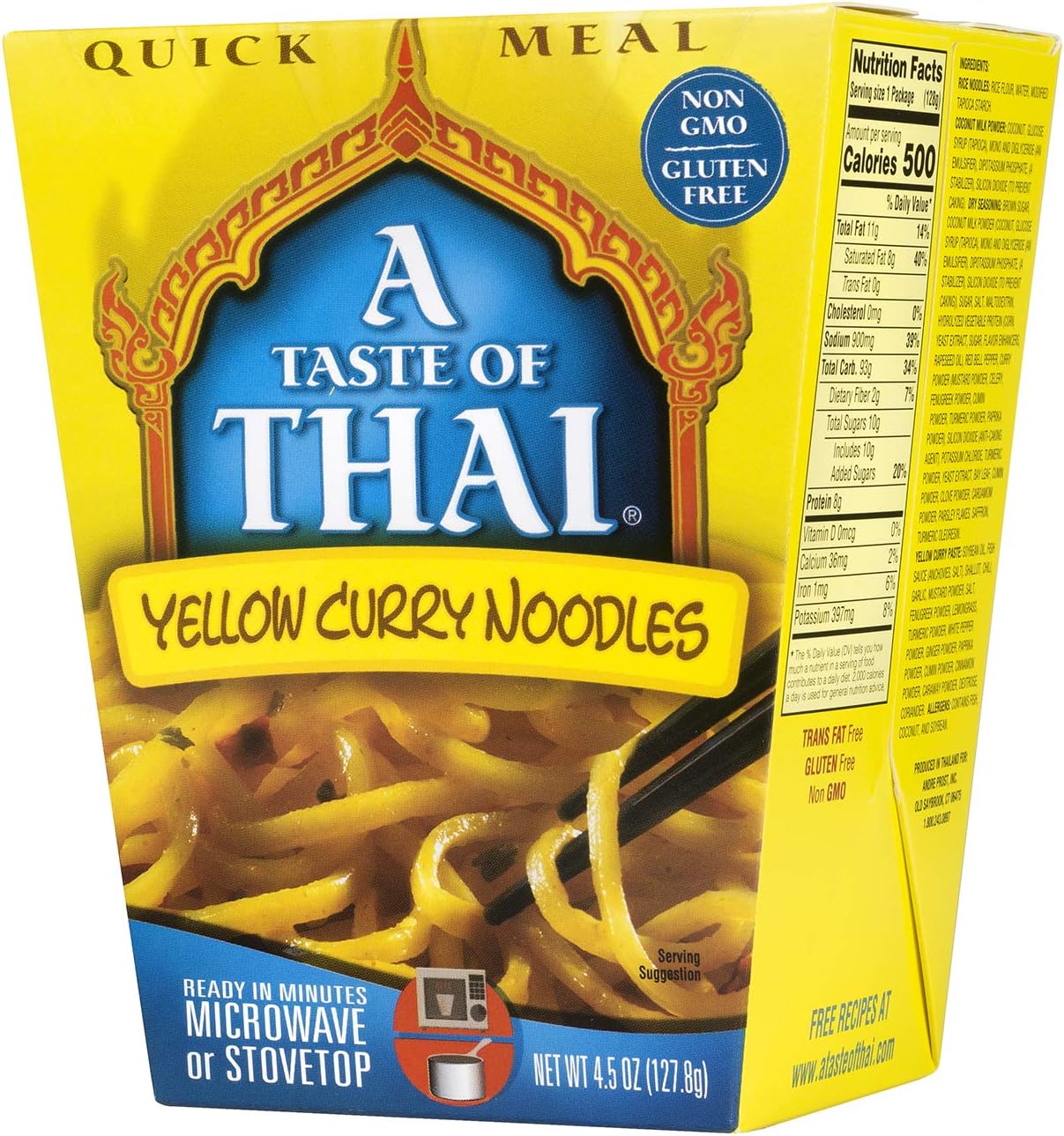 A Taste of Thai Yellow Curry Noodles |Heat & Eat Instant Noodle | Flavored with Authentic Thai Sauce -Non-GMO,Gluten Free, Trans Fat Free- Perfect Side for Chicken, Fish & Meat Entrees| 6 Pack (4.5oz)