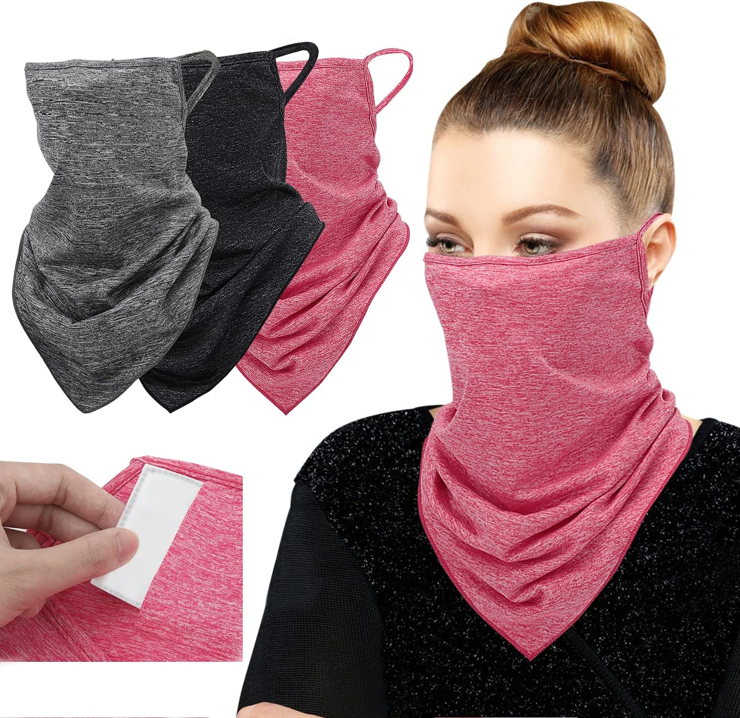 MoKo Scarf Mask Bandana with Ear Loops 3 Pack, Neck Gaiter Balaclava with Filter Pocket UV Protection Mask