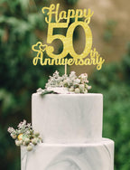 Happy 50th Anniversary Cake Toppers - Golden Double Sided Glitter Fifty, 50 Years Wedding Decorations