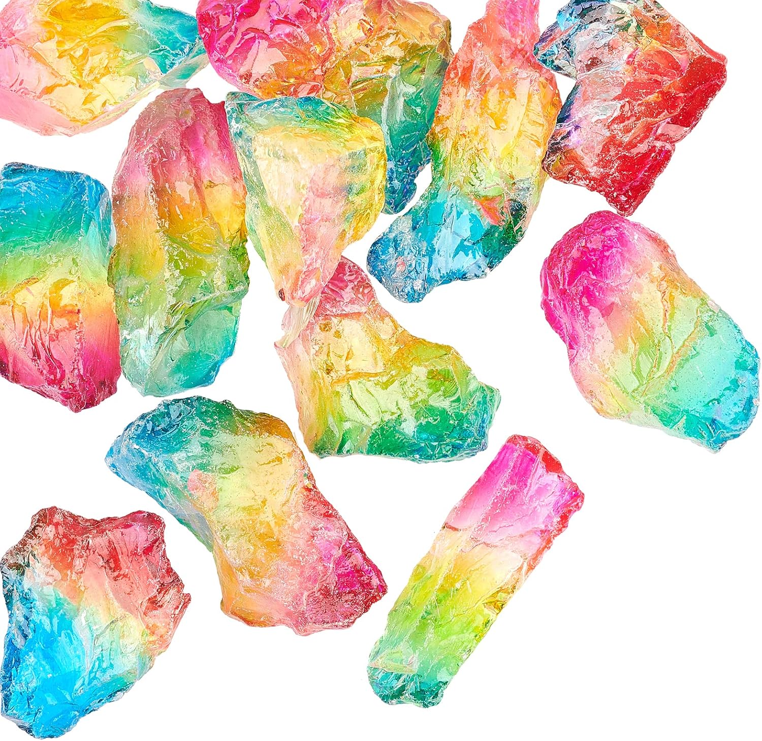 NBEADS 200g Rainbow Titanium Coated Rough Crystal Point Raw Rock Quartz Cluster Specimen Stones, No Hole Dyed Tourmaline Plating Natural Quartz Crystal Beads for Crafts Decor Vase Filler, About 8 Pcs