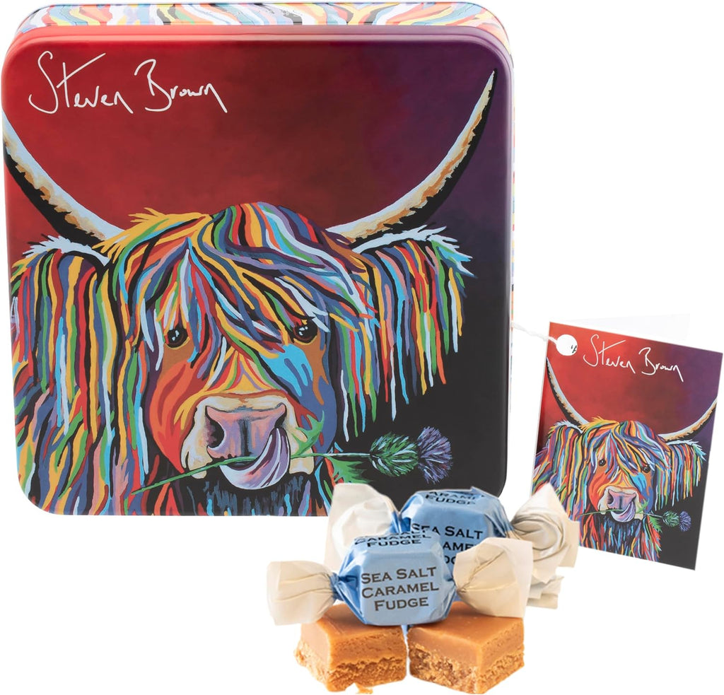 Gardiners of Scotland Handmade Fudge, Steven Brown - Lizzie McCoo Salted Caramel Fudge 7 Ounce Square Tin