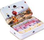Cerez Pazari Turkish Delight Candy Gift Basket, Luxury Lokum Dessert, Gourmet Christmas Holiday Corporate Food Gifts in Elegant Tin Box, With 5 Unique Flavors, No Nuts, 13.2 oz.