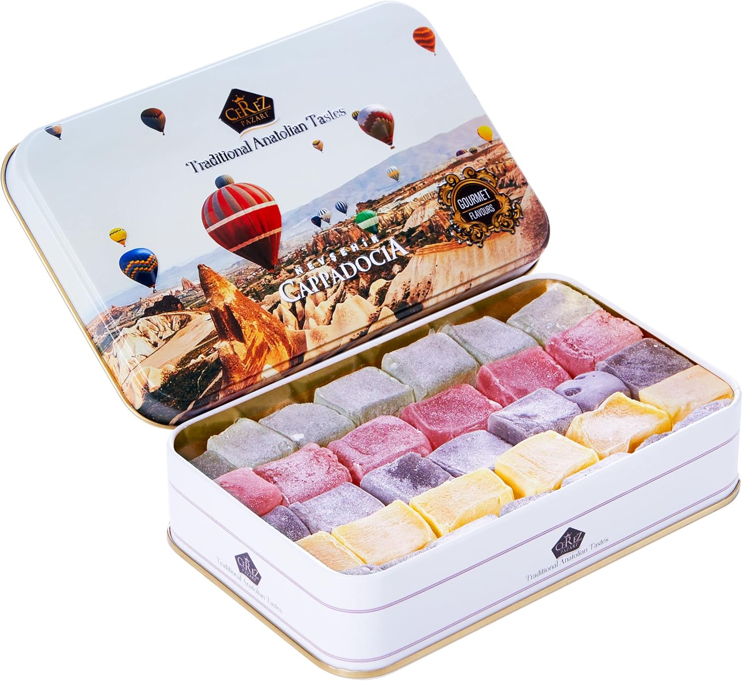 Cerez Pazari Turkish Delight Candy Gift Basket, Luxury Lokum Dessert, Gourmet Christmas Holiday Corporate Food Gifts in Elegant Tin Box, With 5 Unique Flavors, No Nuts, 13.2 oz.