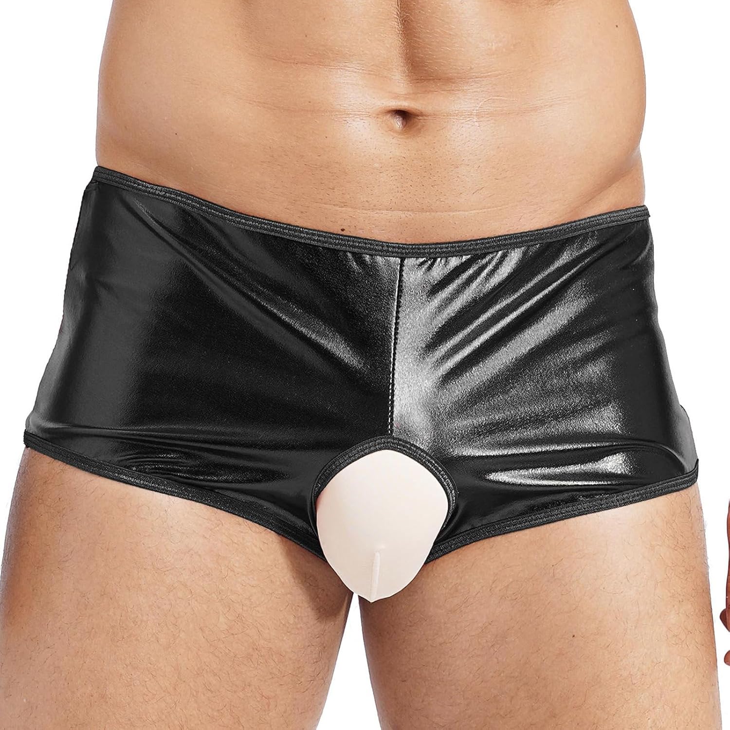 Lejafay Men's Sexy Faux Leather Open Pants Shorts Stretch Tight Jockstraps Boxer Shorts Boyshorts