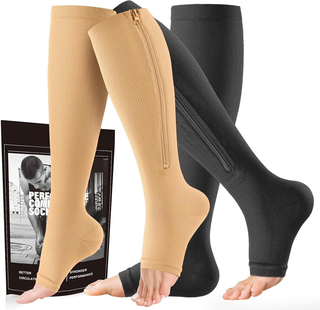 cerpite Zipper Compression Socks - 2 Pairs Open Toe Compression Stockings for Men Women 15-20mmHg,Suit for Running, Sport
