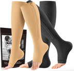 cerpite Zipper Compression Socks - 2 Pairs Open Toe Compression Stockings for Men Women 15-20mmHg,Suit for Running, Sport