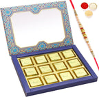Ghasitaram Gifts Rakhi Gifts for Brothers Rakhi Sugafree Chocolates - 12 pcs Blue Printed Roasted Almond Sugafree Chocolates Box with Pearl Rakhi
