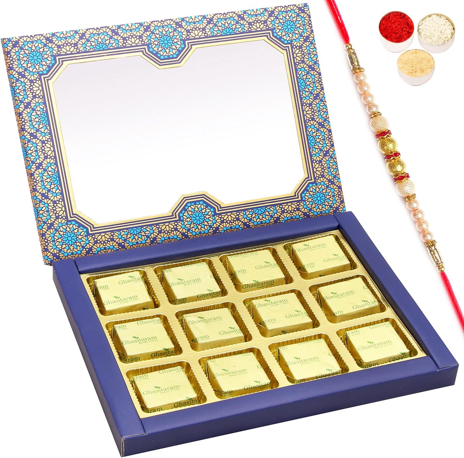 Ghasitaram Gifts Rakhi Gifts for Brothers Rakhi Sugafree Chocolates - 12 pcs Blue Printed Roasted Almond Sugafree Chocolates Box with Pearl Rakhi