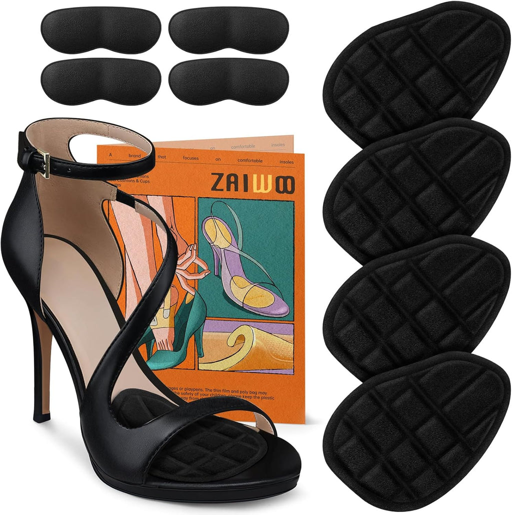 ZAIWOO Metatarsal Pads Women, Ball of Foot Cushions, High Heel Inserts, All Day Pain Relief and Comfort, No Slip Heel Grips Liners Shoe Pads for Loose Shoe(Black)