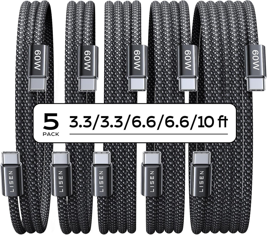 LISEN USB C to USB C Cable, 5-Pack [3.3/3.3/6.6/6.6/10FT] for iPhone 17 Charger Cord, 60W C to C Cable Fast Charging for iPad, iPhone 16 15 Pro Max, Galaxy S25/S24 USBC to USBC Cable Gifts for Men