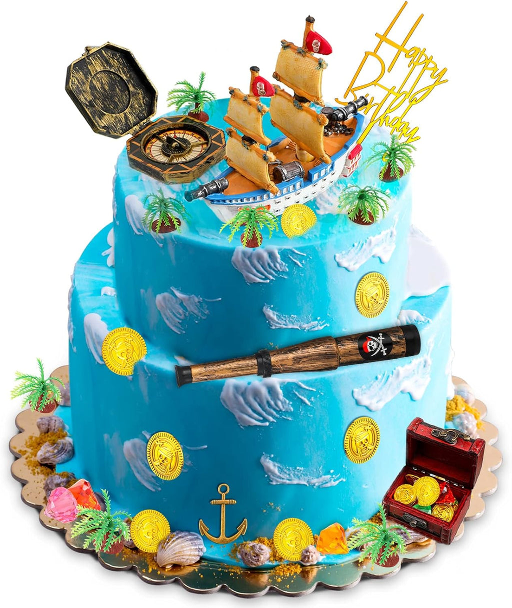 Charniol 32 Pcs Pirate Ship Cake Topper Nautical Sailboat Model Decoration Set Gold Coins Pirate Gems Treasure Telescope for Birthday Party Supplies