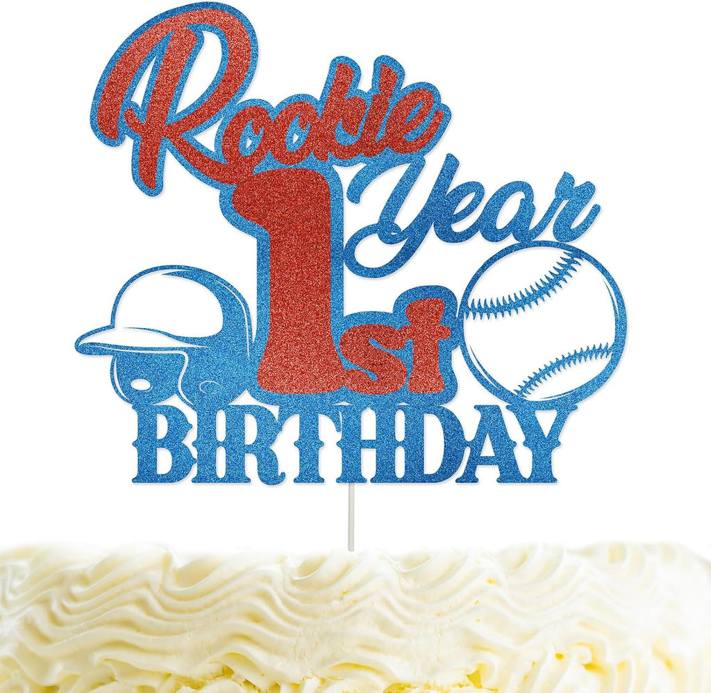 Rookie Year 1st Birthday Cake Topper - Glitter First Birthday Baseball Cake Topper Sports Theme Party Decoration Supplies