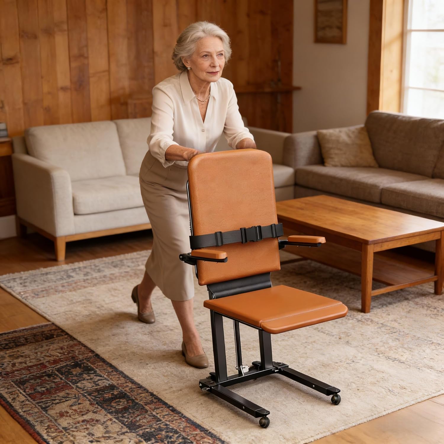 Steel Electric Floor Lift Chair with Wheels and PU Cushion, Floor Lift for Elderly, 440 LBS Capacity, Seat Belts and Handrails, Suitable for Home Use